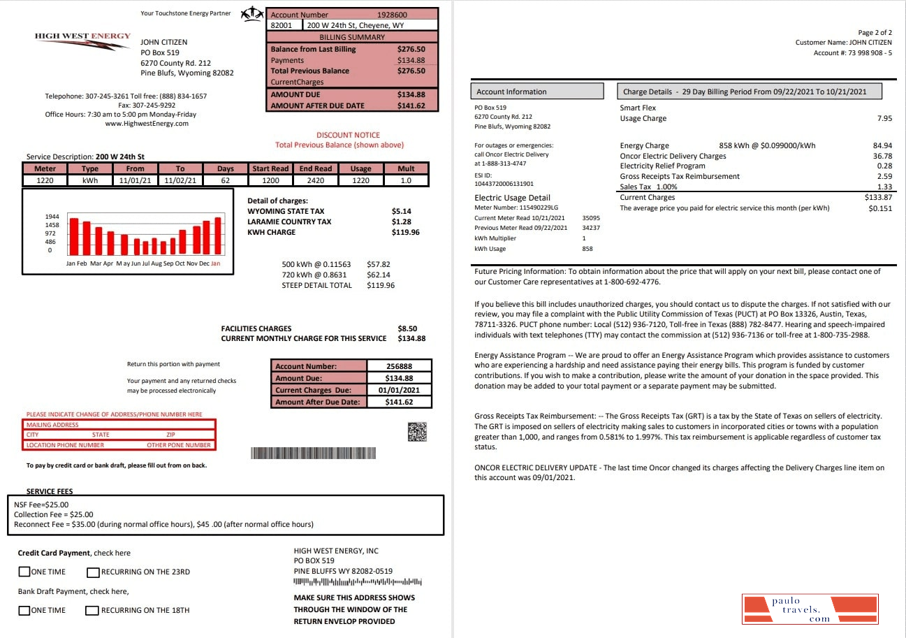 USA Wyoming High West Energy utility bill in Word anf PDF format (2 pages)
